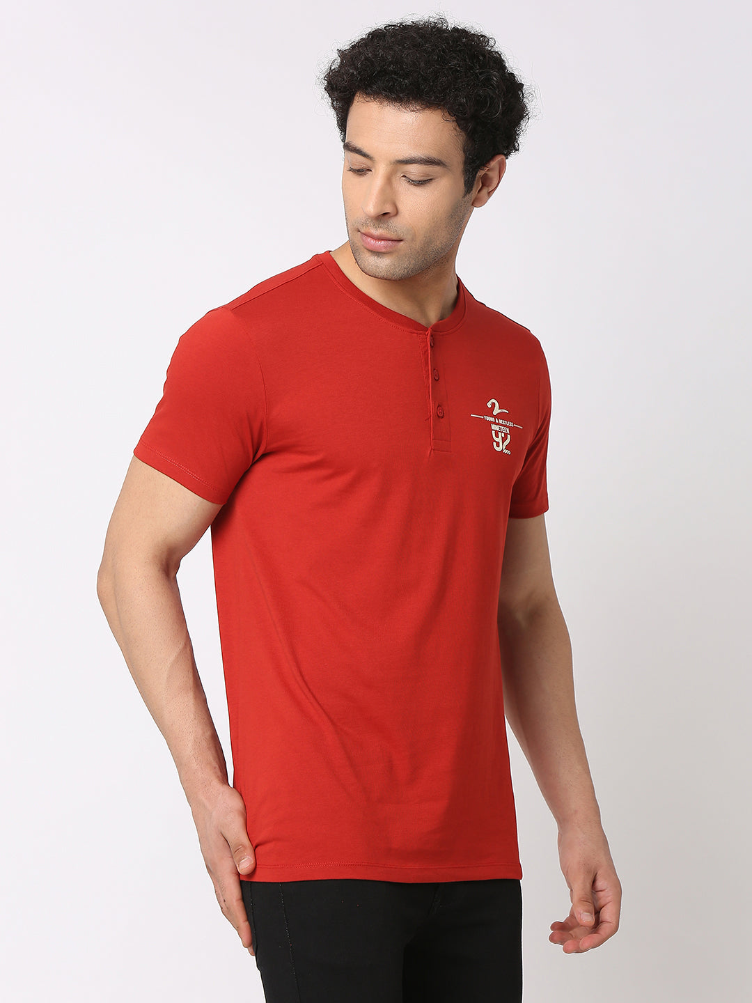 Spykar Men Burnt Orange Cotton Slim Fit Henley Neck Plain T-Shirt