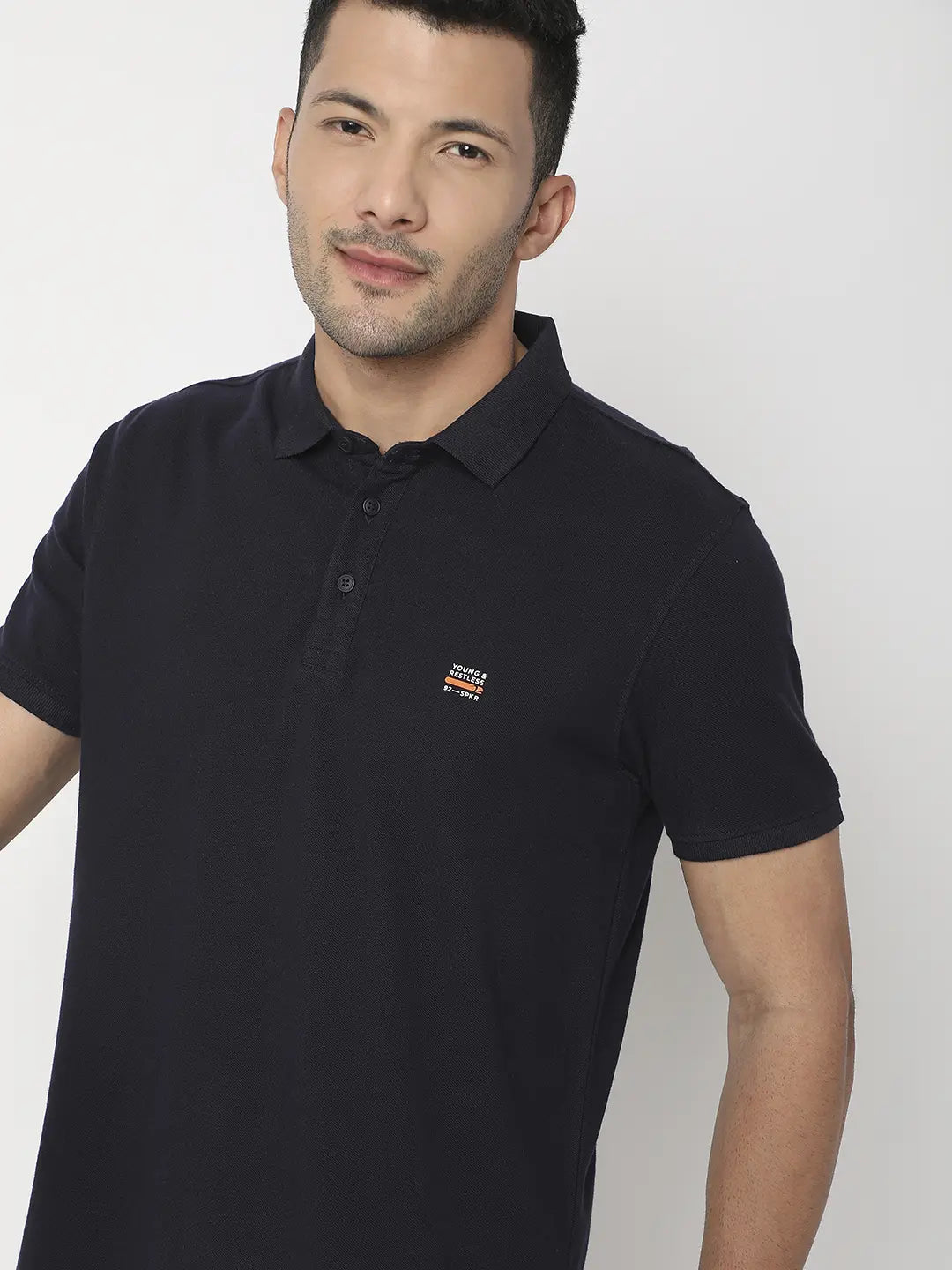 Spykar Men Navy Blue Cotton Regular Fit Plain Polo Tshirt