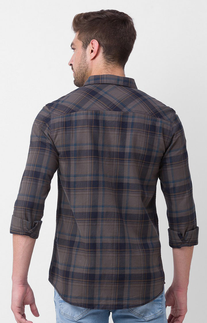 Spykar Dusty Brown Cotton Full Sleeve Checks Shirt For Men