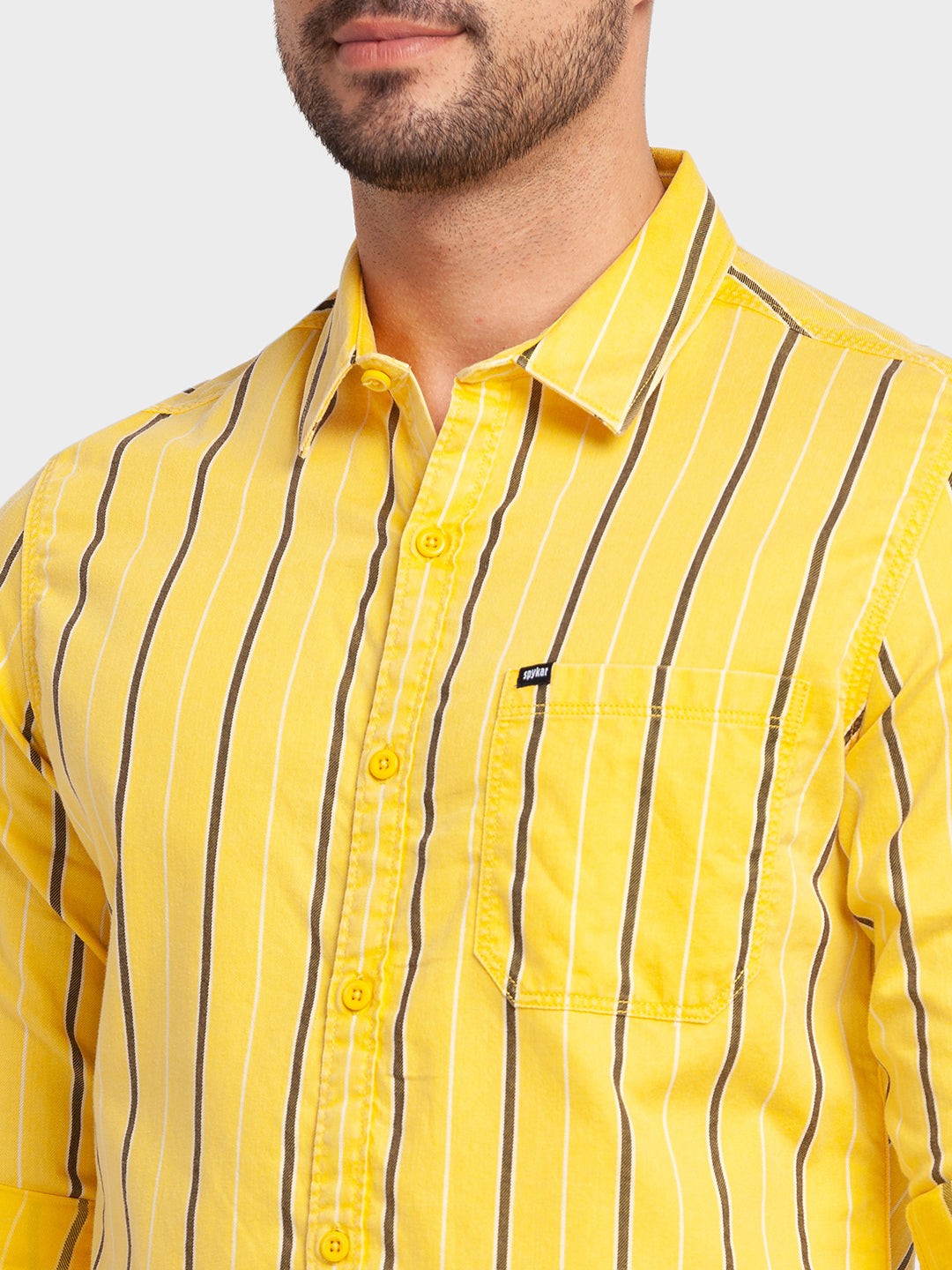 Spykar Yellow Cotton Full Sleeve Stripes Shirt For Men