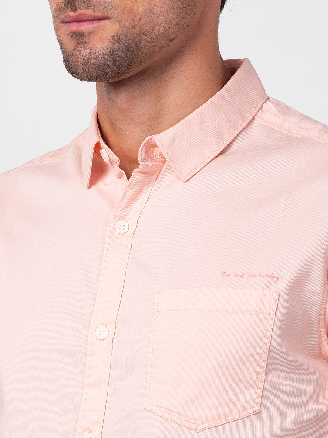 Spykar Men Peach Cotton Slim Fit Plain Shirt