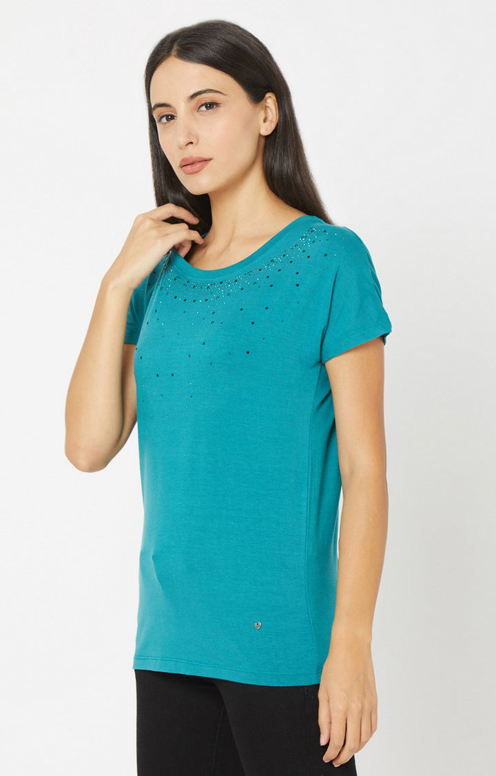 Spykar Women Deep Teal Blue Cotton T-Shirts (Regular )