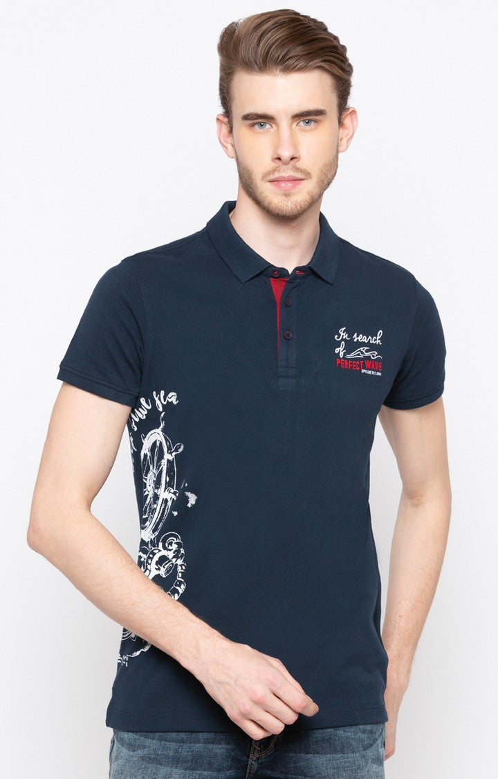 Spykar Navy Printed Slim Fit Polo T-Shirt