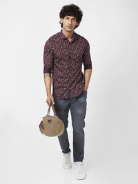 Spykar Men Deep Wine Red Satin Slim Fit Full Sleeve Causal Printed Shirt