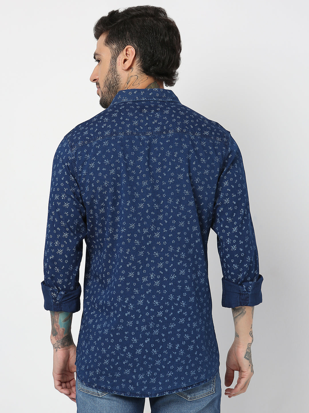 Spykar Men Indigo Blue/White Cotton Slim Fit Printed Shirts