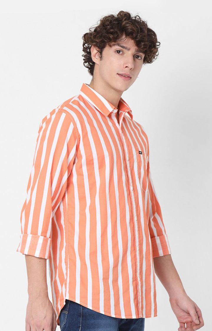 Spykar Slim Fit Orange Full Sleeve Striped Shirts For Mens