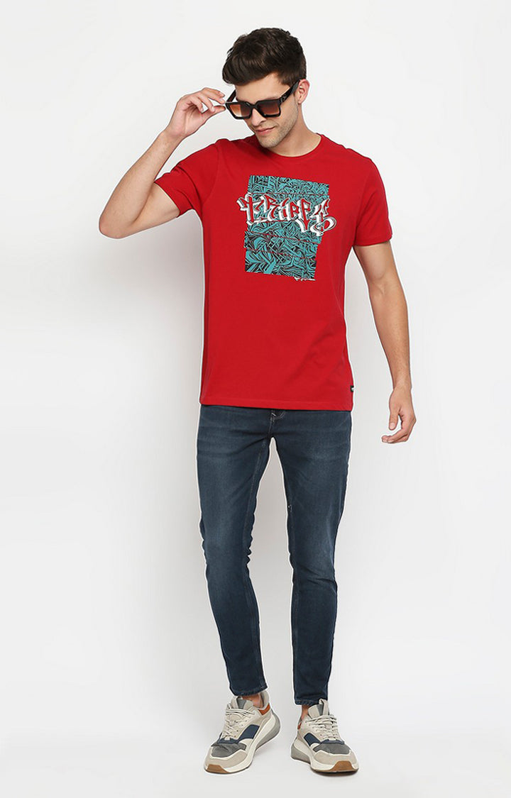 Spykar Men Red Cotton Slim Fit Round Neck T-Shirt