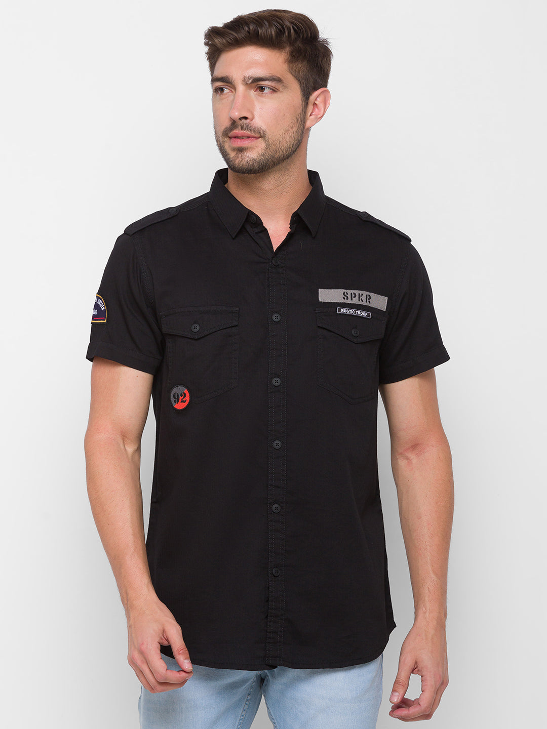 Spykar Black Cotton Slim Fit Shirts For Men