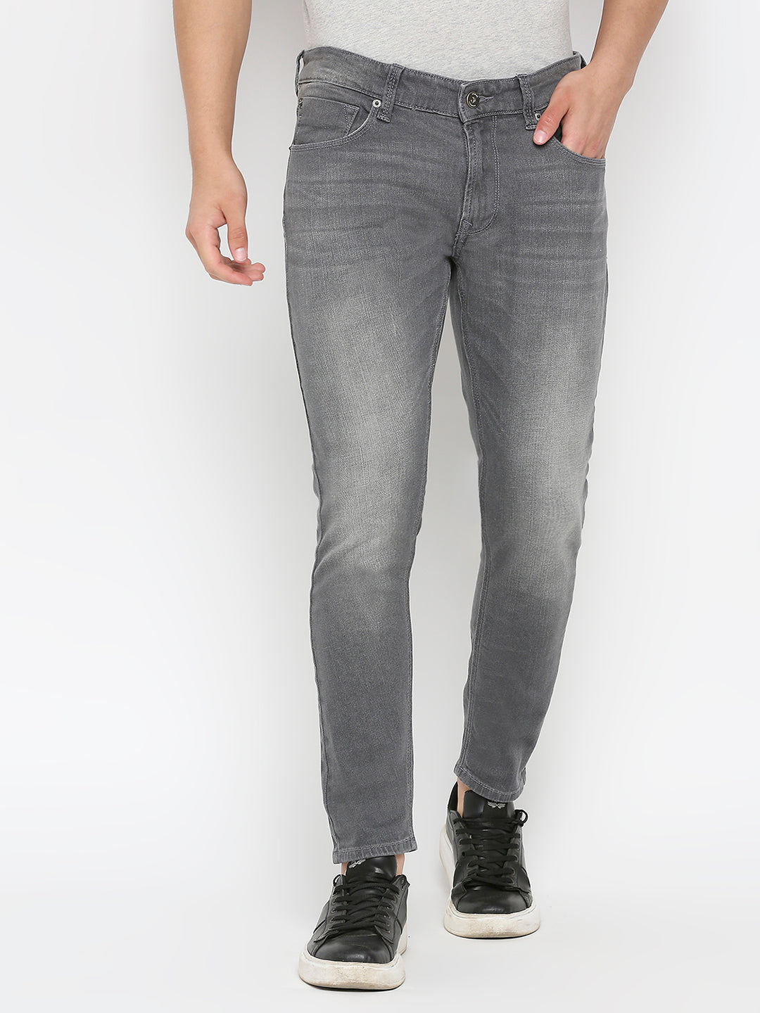 Spykar Dark Grey Cotton Slim Fit Narrow Length Jeans For Men (Kano)