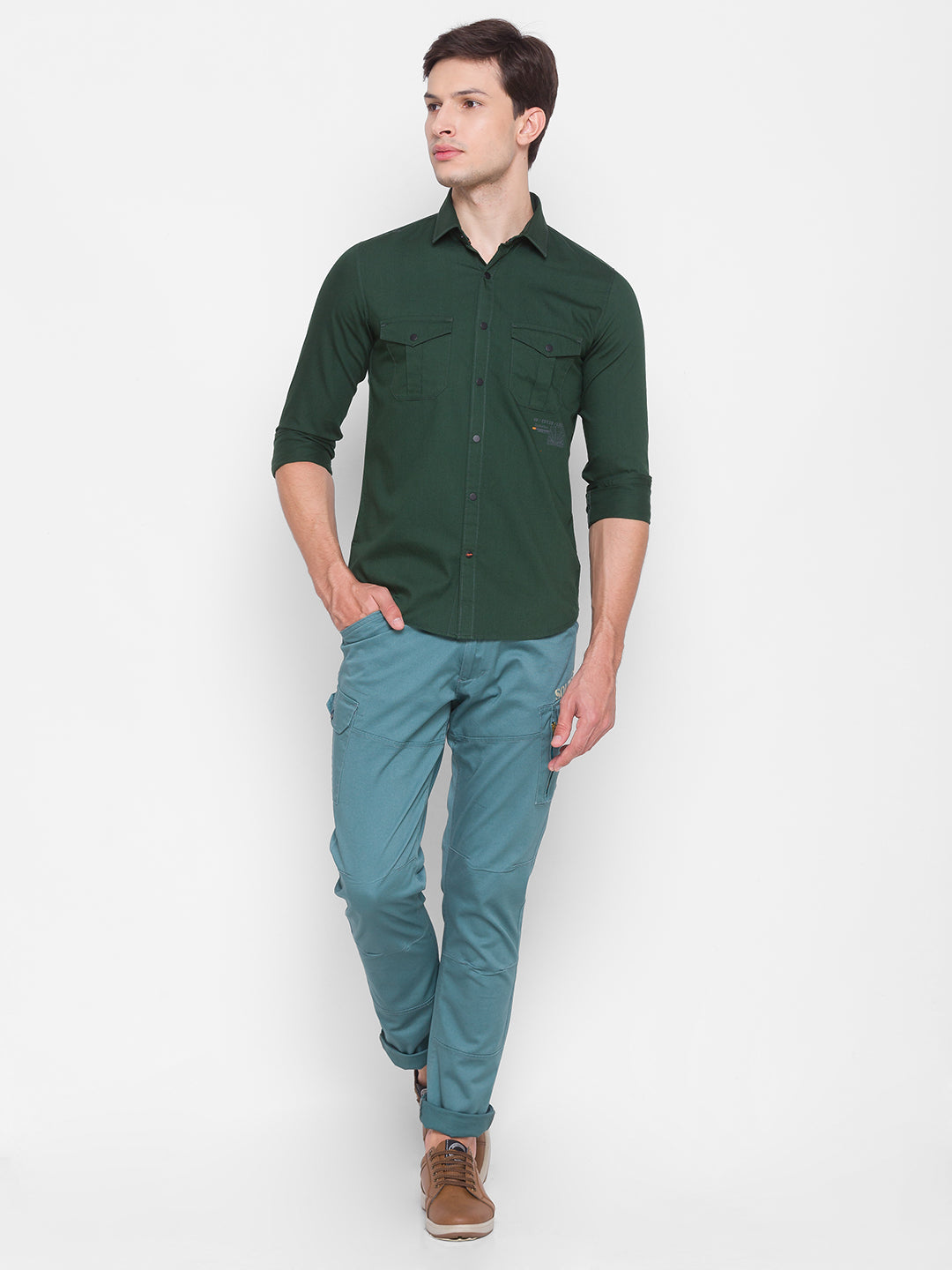 Spykar Slim Fit Green Cotton Men Shirt