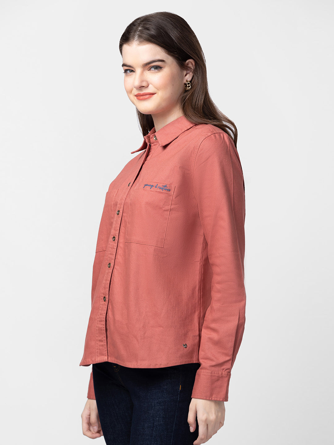 Spykar Women Brick Red Cotton Slim Fit Plain Shirts