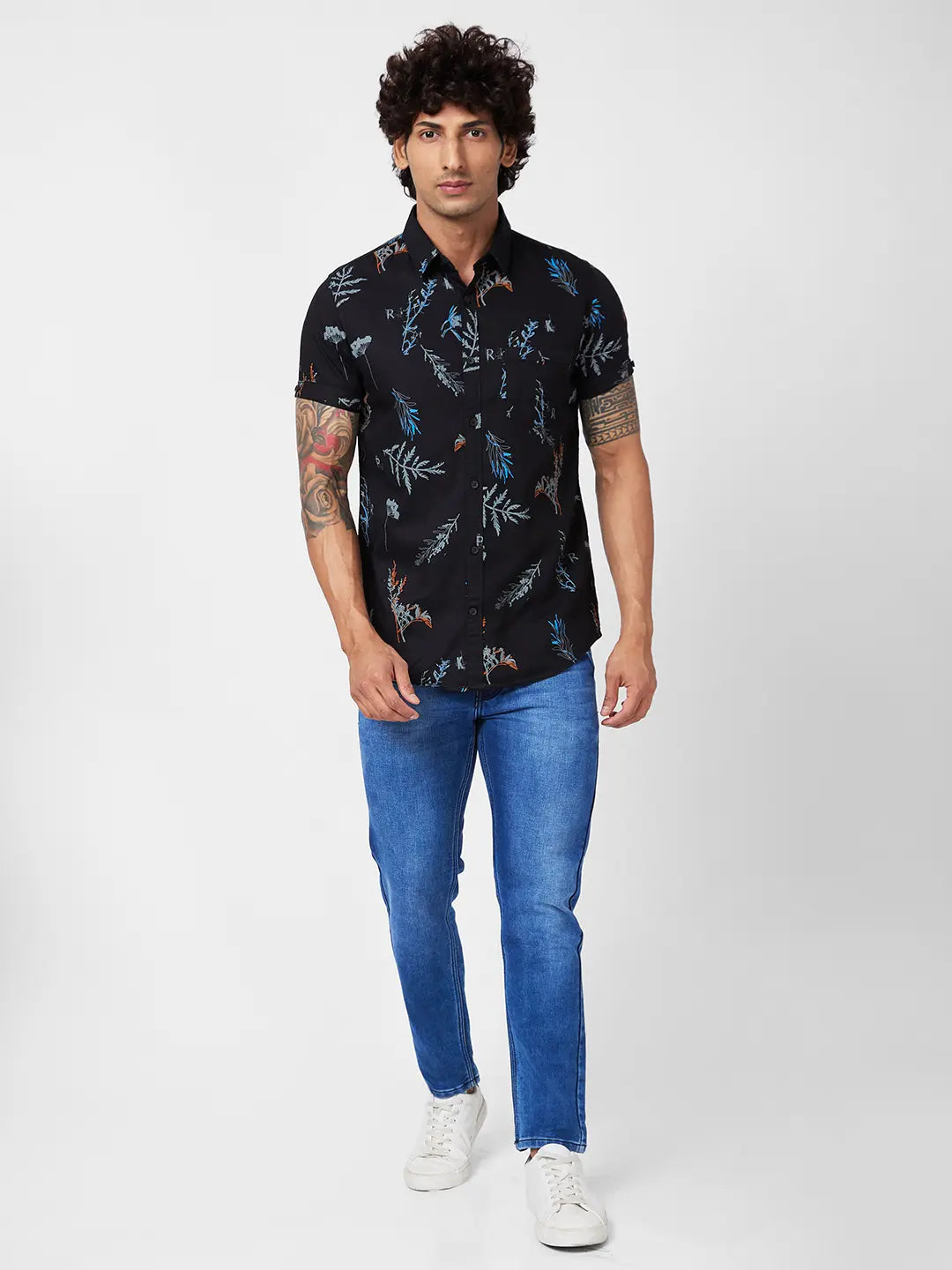 Spykar Men Black Cotton Regular Slim Fit Half Sleeve Causal Printed Shirt