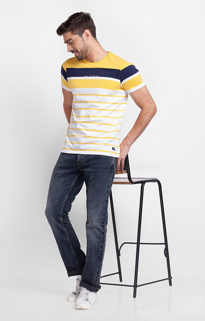 Spykar Sulphur Yellow Cotton Half Sleeve Stripes Casual T-shirt For Men