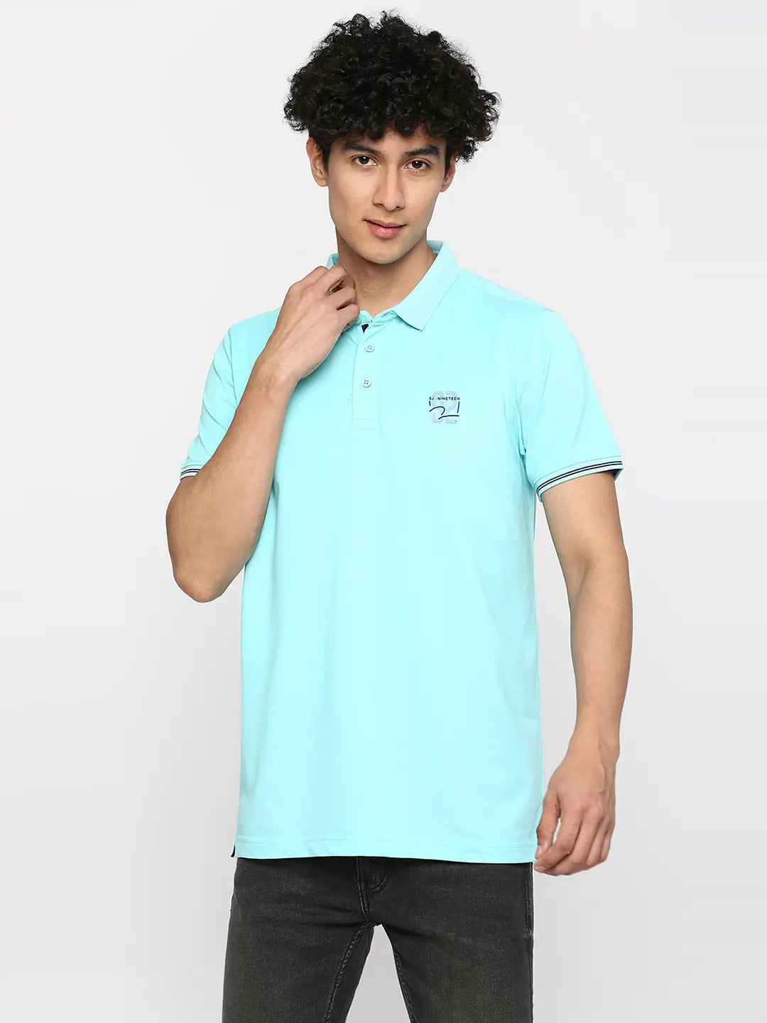 Spykar Men Cool Blue Cotton Slim Fit Plain Polo Neck Tshirt