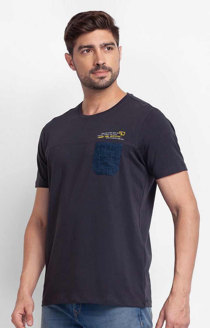 Spykar Slate Grey Cotton Half Sleeve Plain Casual T-Shirt For Men