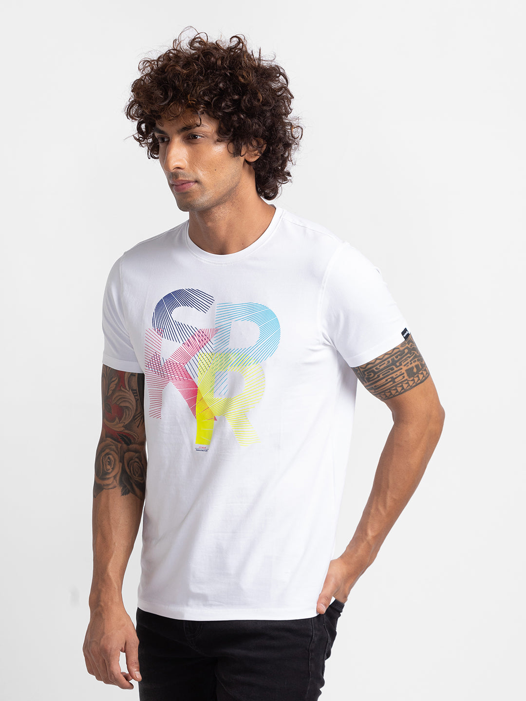 Spykar White Cotton Half Sleeve Printed Casual T-Shirt For Men