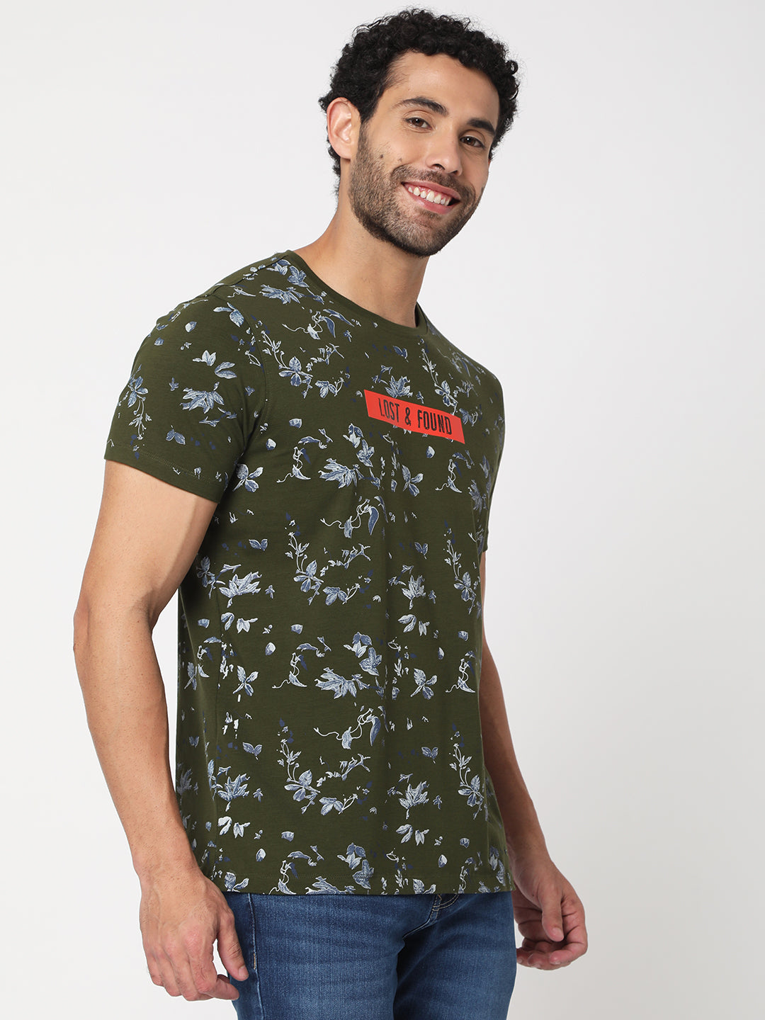 Spykar Men Olive Green Cotton Half Sleeve Floral T-Shirt