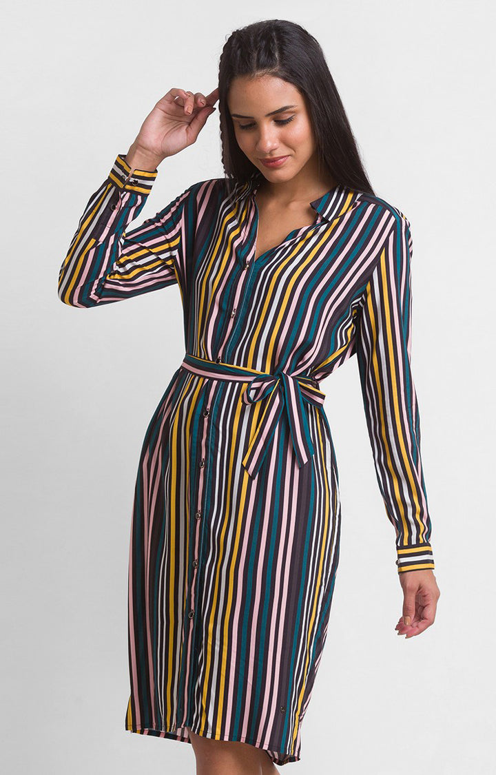 Spykar Teal Cotton Regular Fit Stripes Dress For Women
