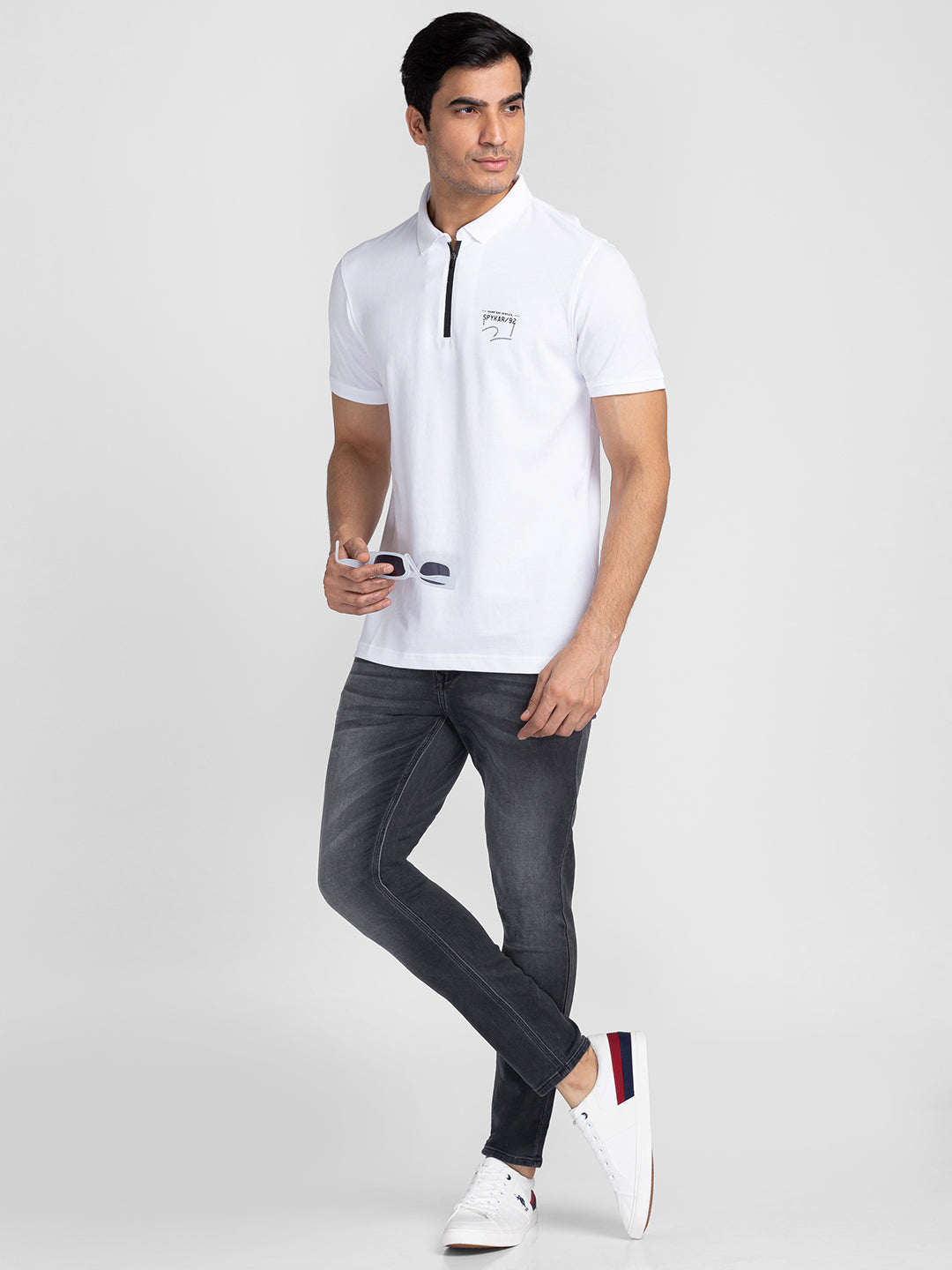 Spykar Men White Cotton Slim Fit Polo Printed T-Shirt