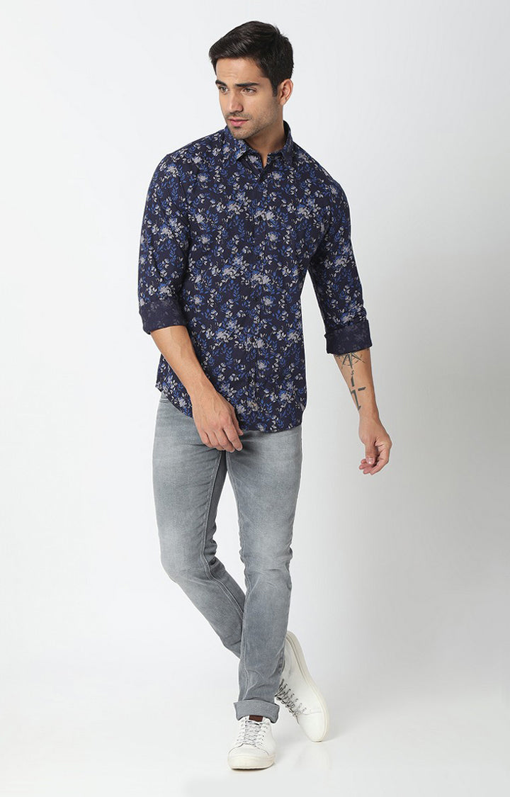 Spykar Men Blue Cotton Floral Print M and arin Collar Shirt