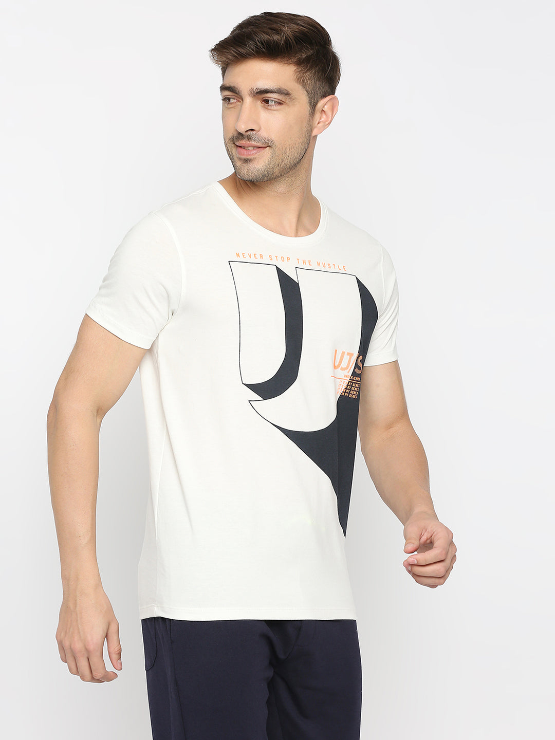 Men Premium Ecru Cotton Round Neck Printed Tshirt- Underjeans By Spykar