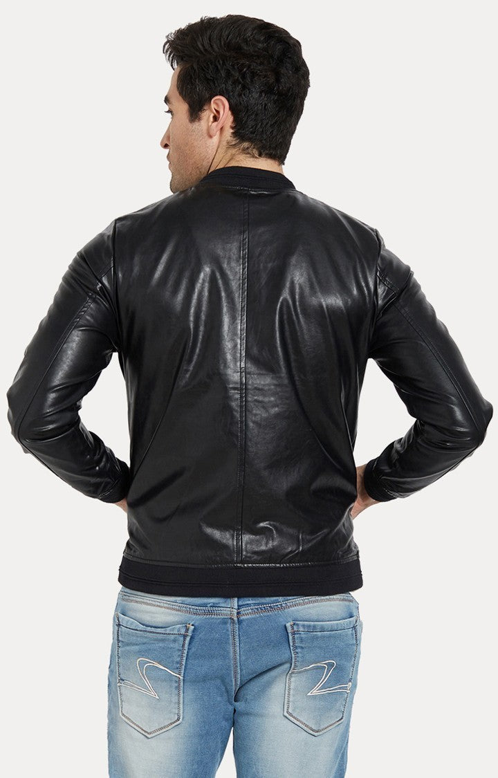 Spykar Men Black Solid Slim Fit Leather Jacket