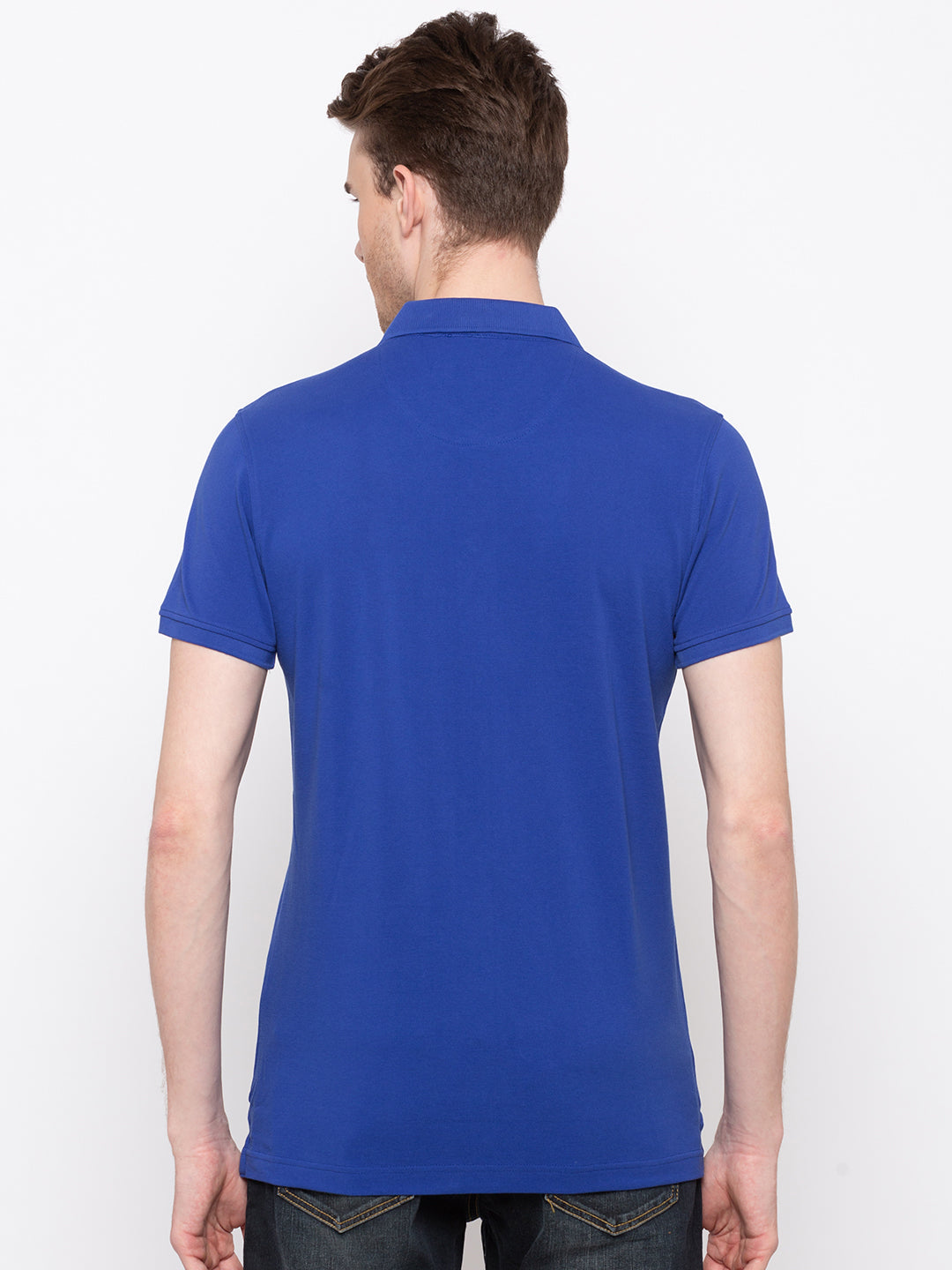 Spykar Men Blue Cotton Slim Fit Polo T-Shirt