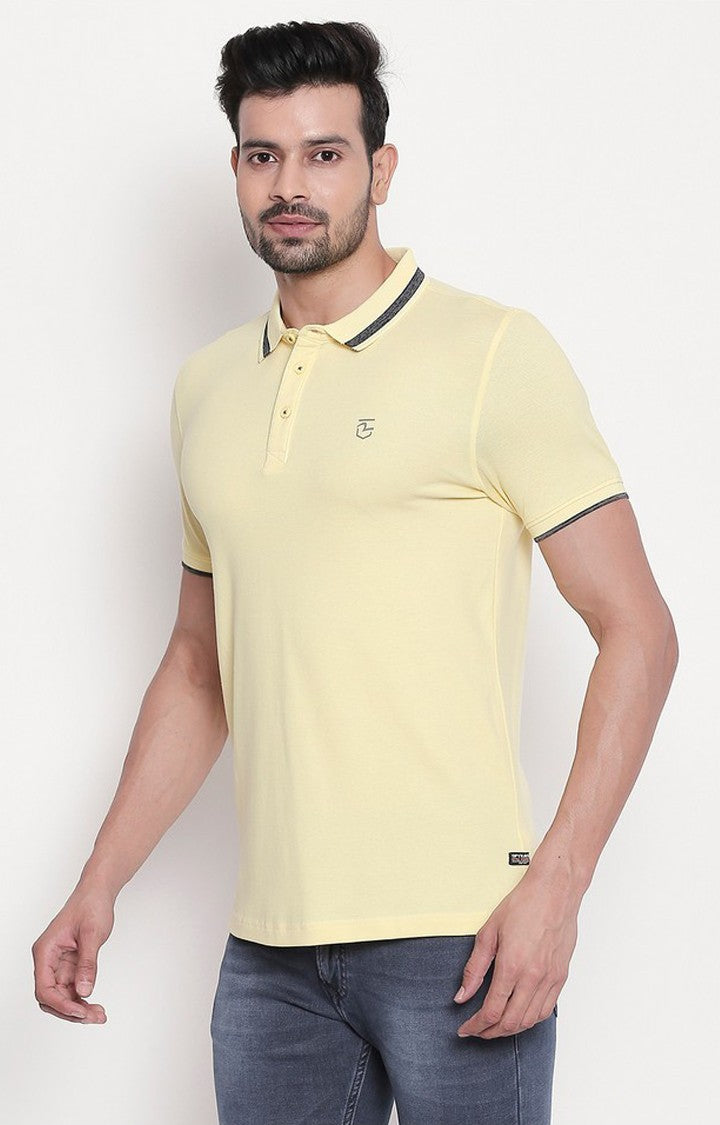 Spykar Men Yellow Cotton Slim Fit Polo T-Shirt