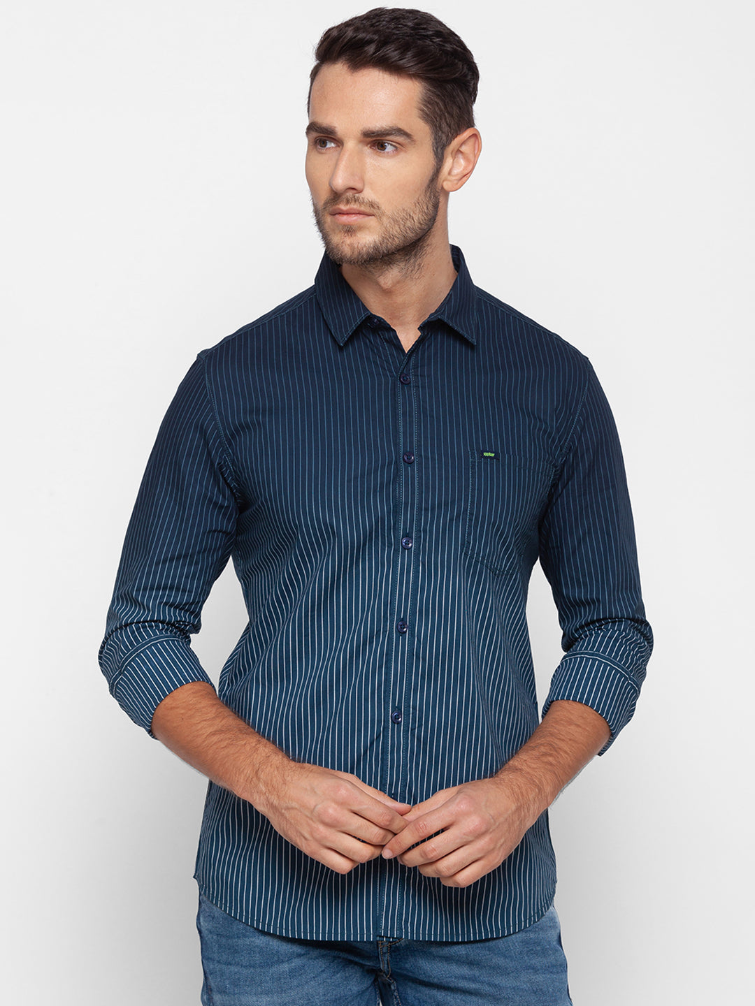 Spykar Slim Fit Blue Cotton Men Shirt