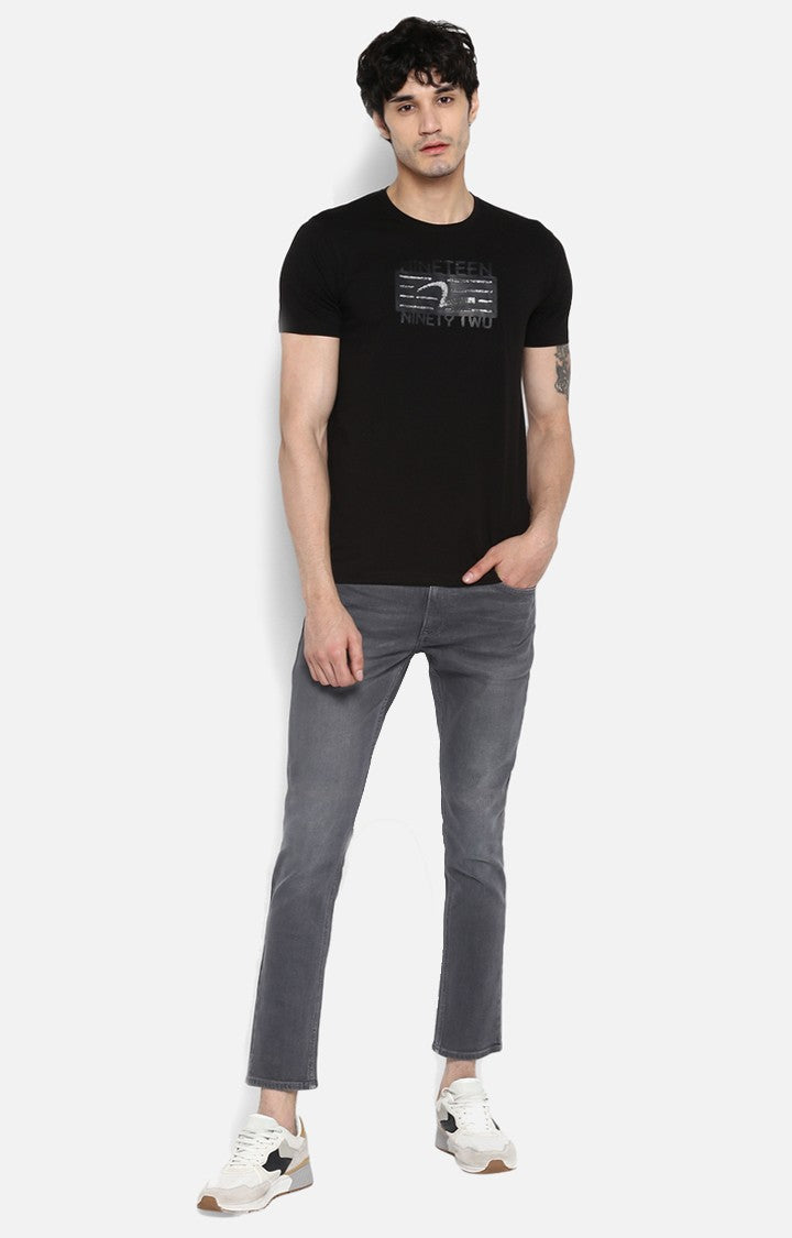 Spykar Jet Black Printed Slim Fit Men T-Shirts