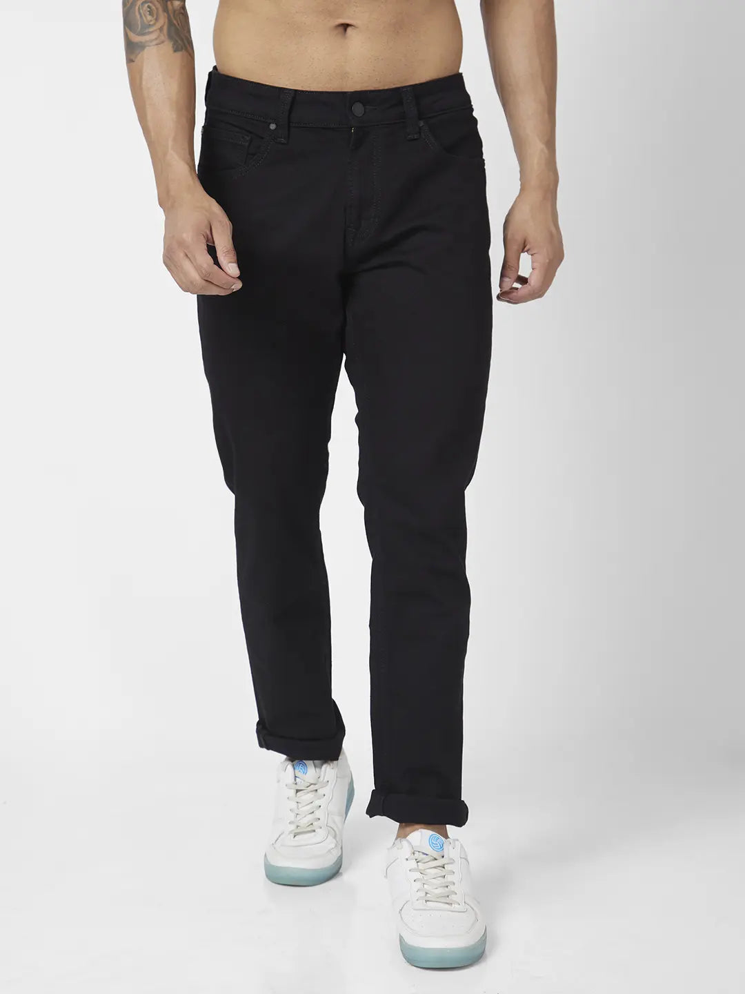 Spykar Men Black Cotton Stretch Slim Fit Narrow Length Clean Look Low Rise Jeans (Skinny)