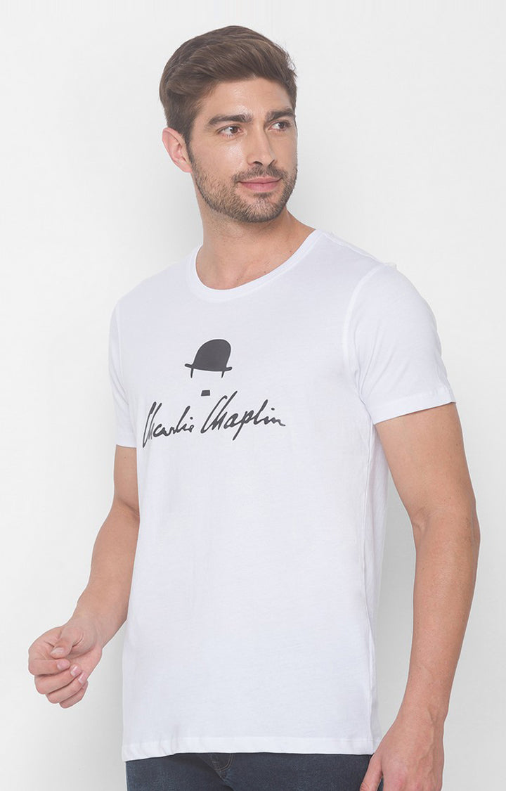 Charlie Chaplin Spykar Men White Cotton Slim Fit Printed Round Neck Tshirt