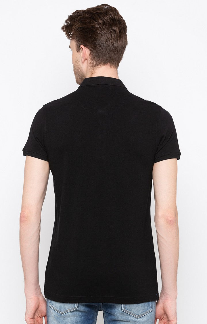 Spykar Black Solid Slim Fit Polo T-Shirt