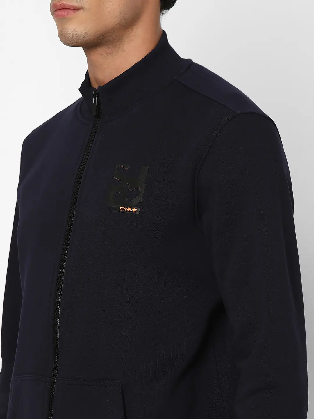Spykar Men Navy Blue Blended Regular FIt Full Sleeve High Neck Printed Casual Sweatshirt