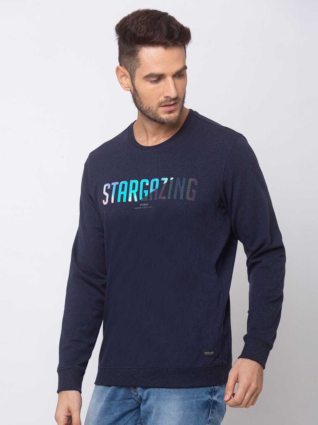 Spykar Navy Blue Blended Slim Fit Sweatshirt For Men