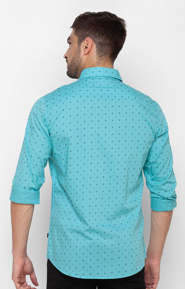 Spykar Cool Blue Cotton Full Sleeve Printed Shirt For Men