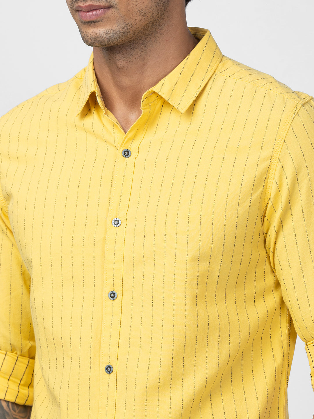 Spykar Men Sulphur Yellow Cotton Slim Fit Striped Shirt