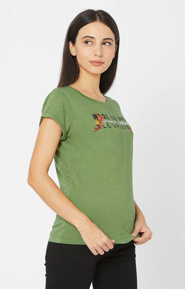 Spykar Women Green Cotton Slim Fit Round Neck Crop T-Shirts