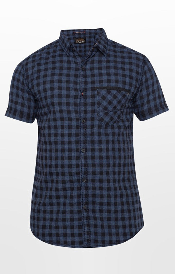 Spykar Men'S Blue Cotton Checked Casual Shirts