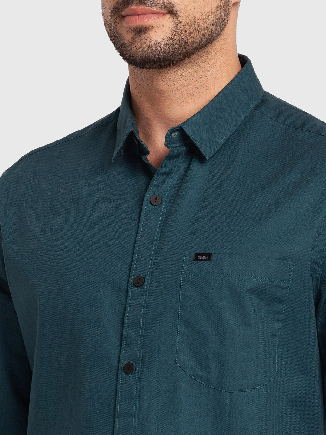 Spykar Teal Green Cotton Full Sleeve Plain Shirt For Men