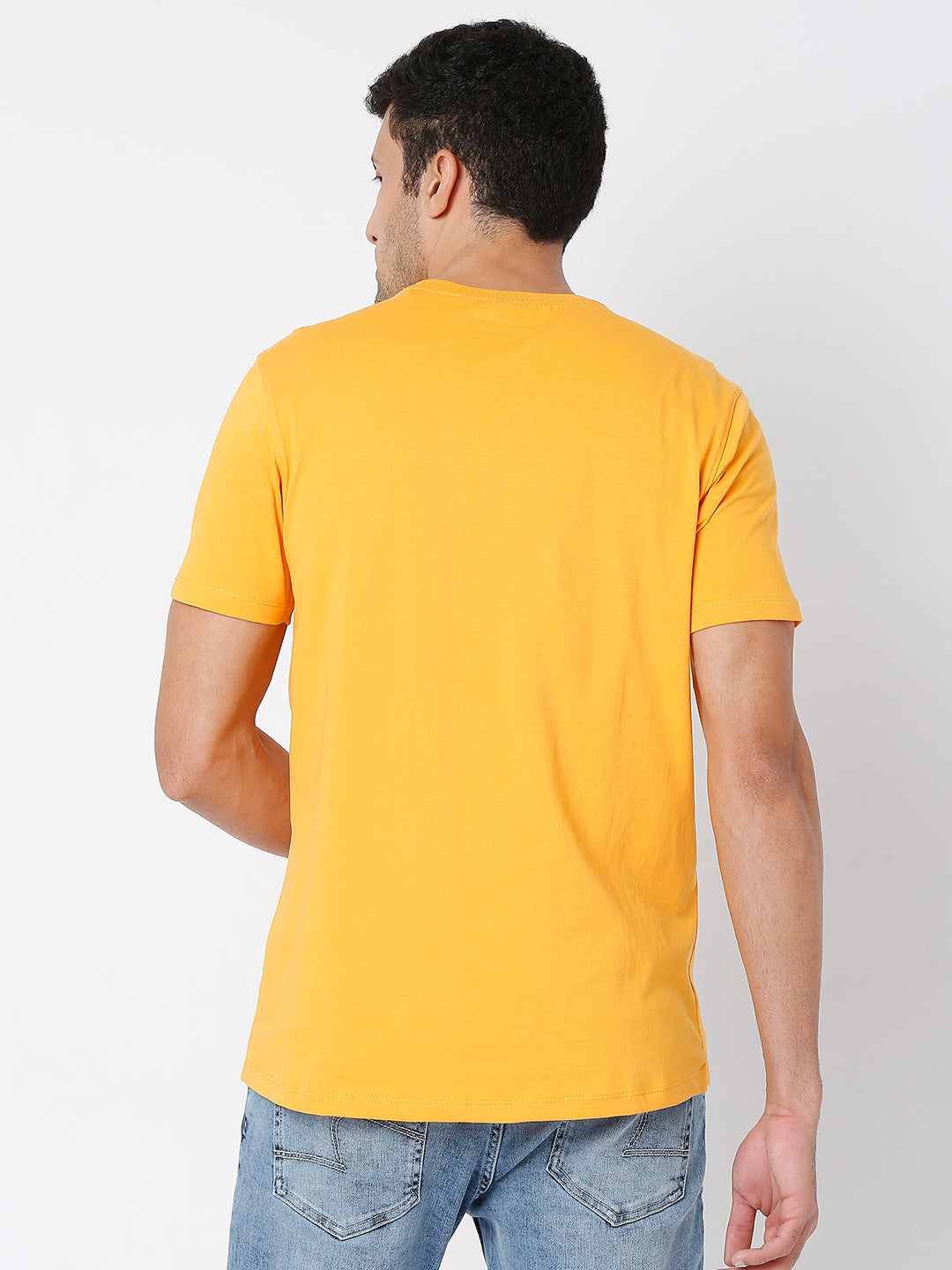 Spykar Gold Yellow Cotton Half Sleeve Printed Casual T-shirt For Men