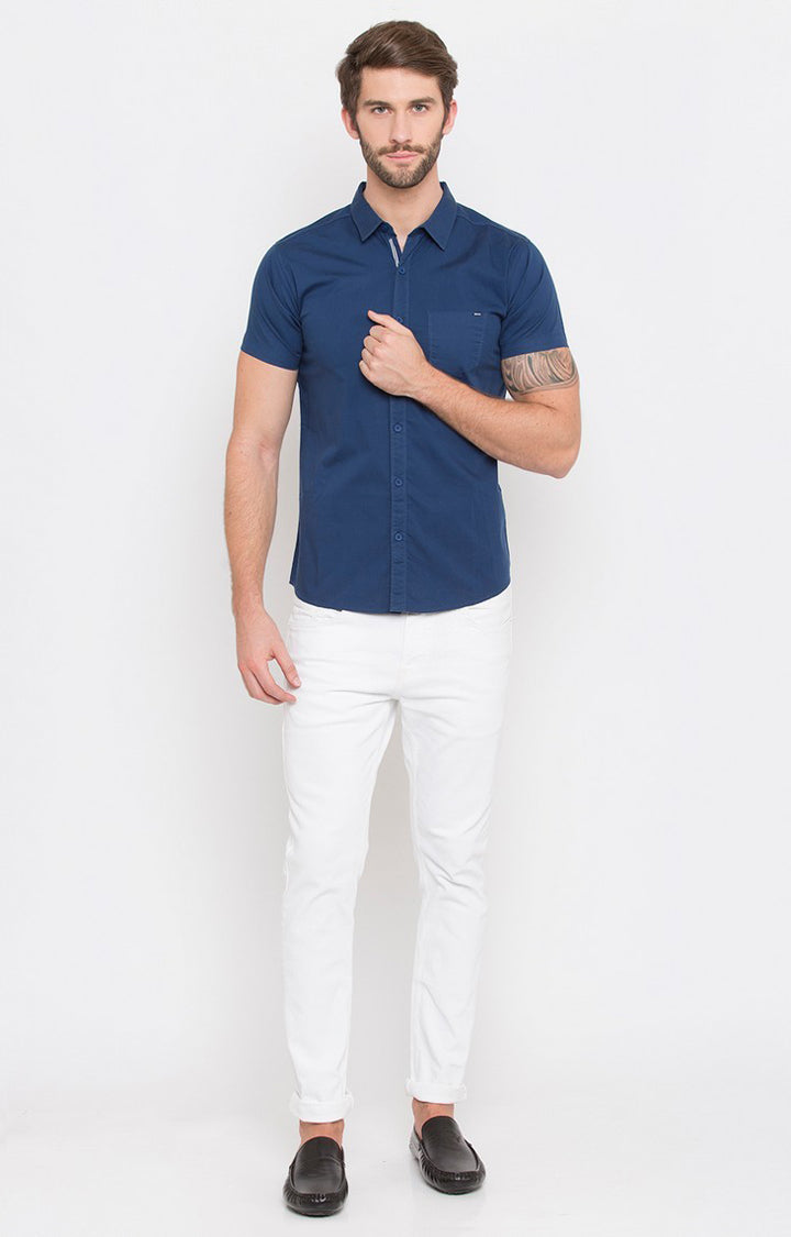 Spykar Men'S Blue Cotton Solid Casual Shirts