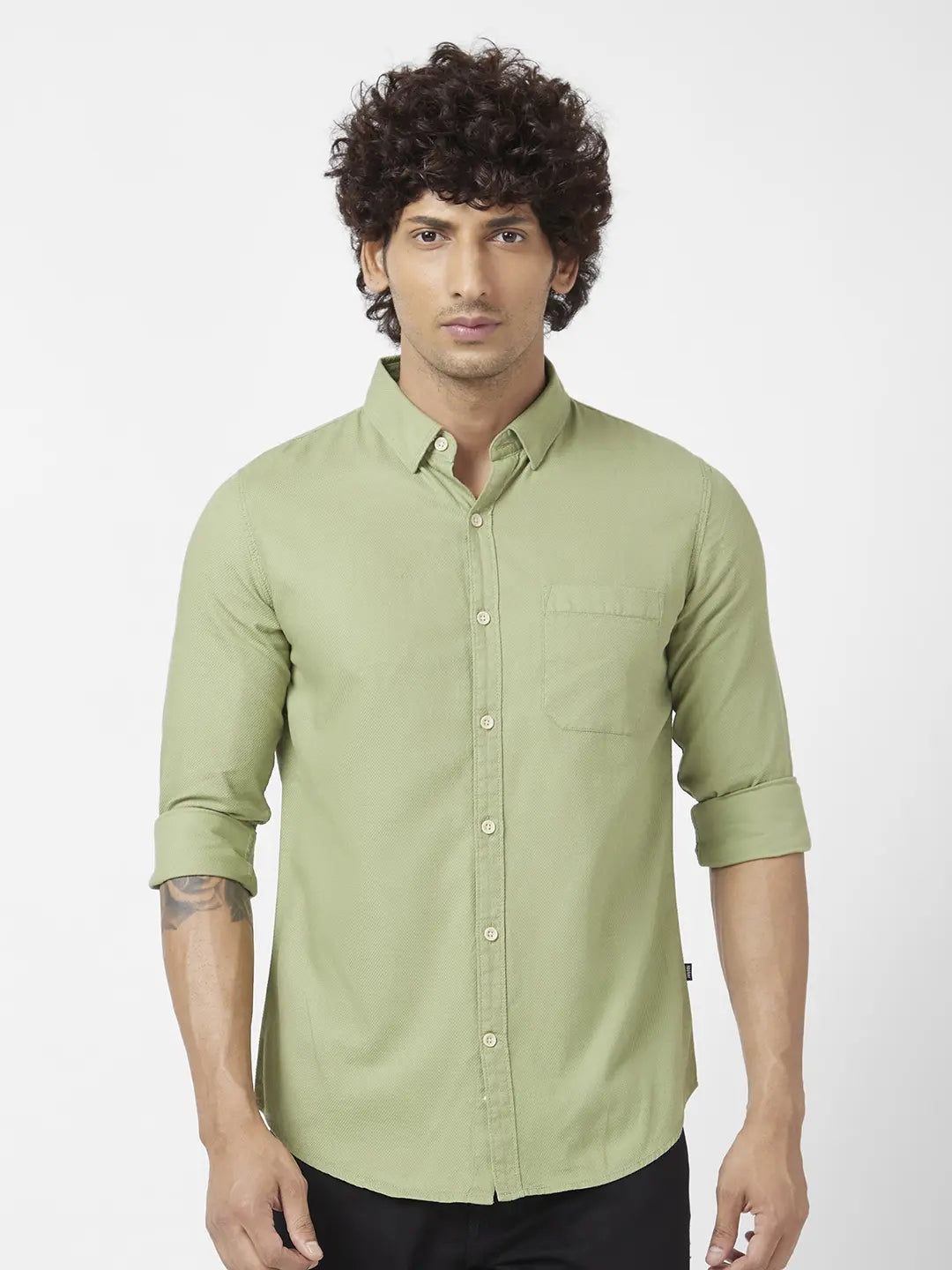 Spykar Men Sage Green Dyed Regular Slim Fit Full Sleeve Plain Shirt