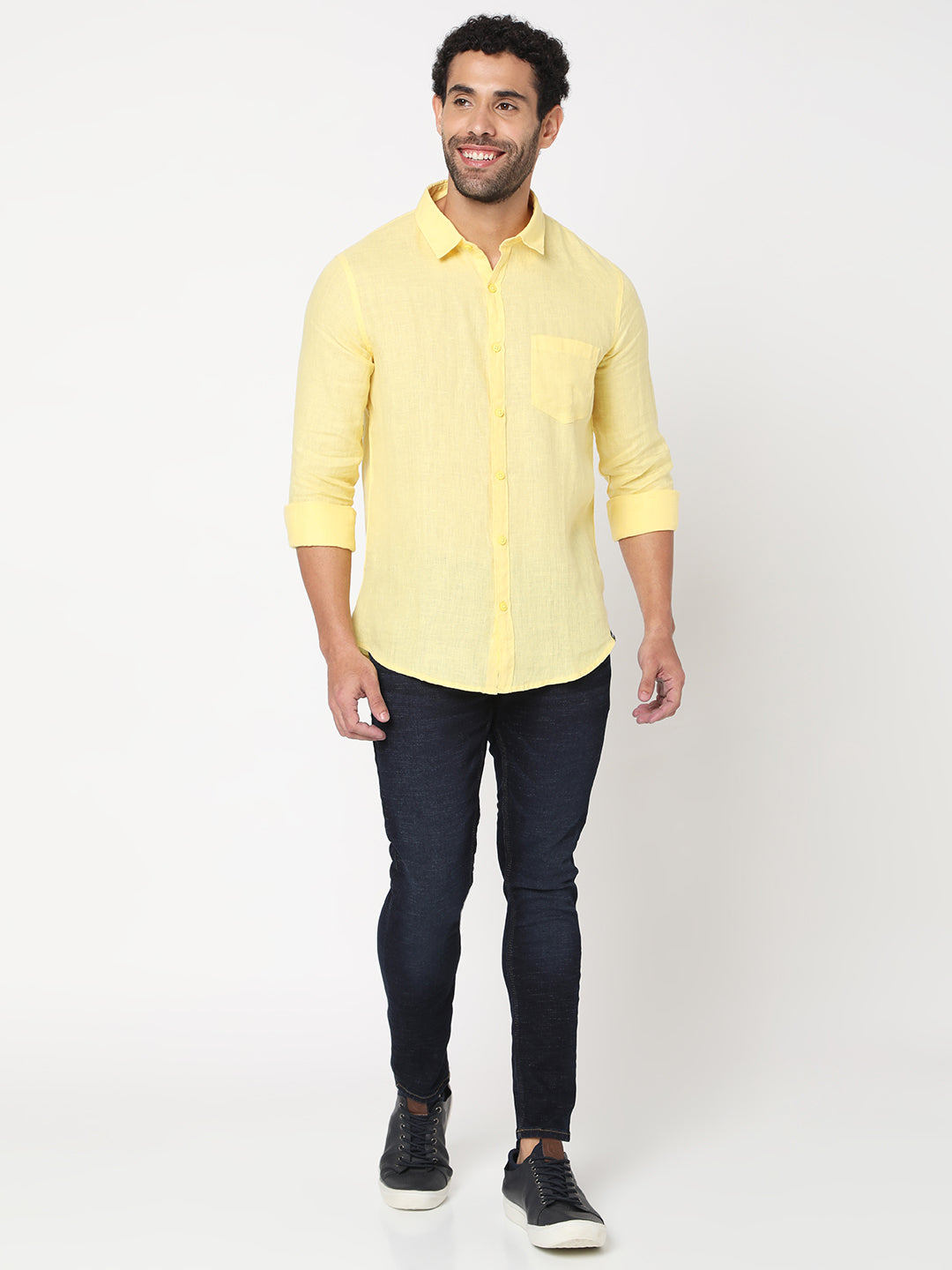 Spykar Men Yellow Cotton Slim Fit Full Plain Shirt