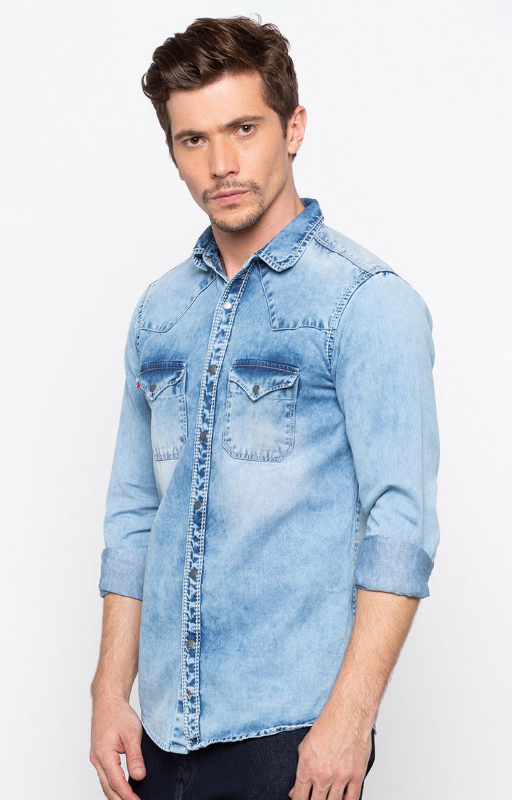 Spykar Men'S Blue Cotton Solid Casual Shirts