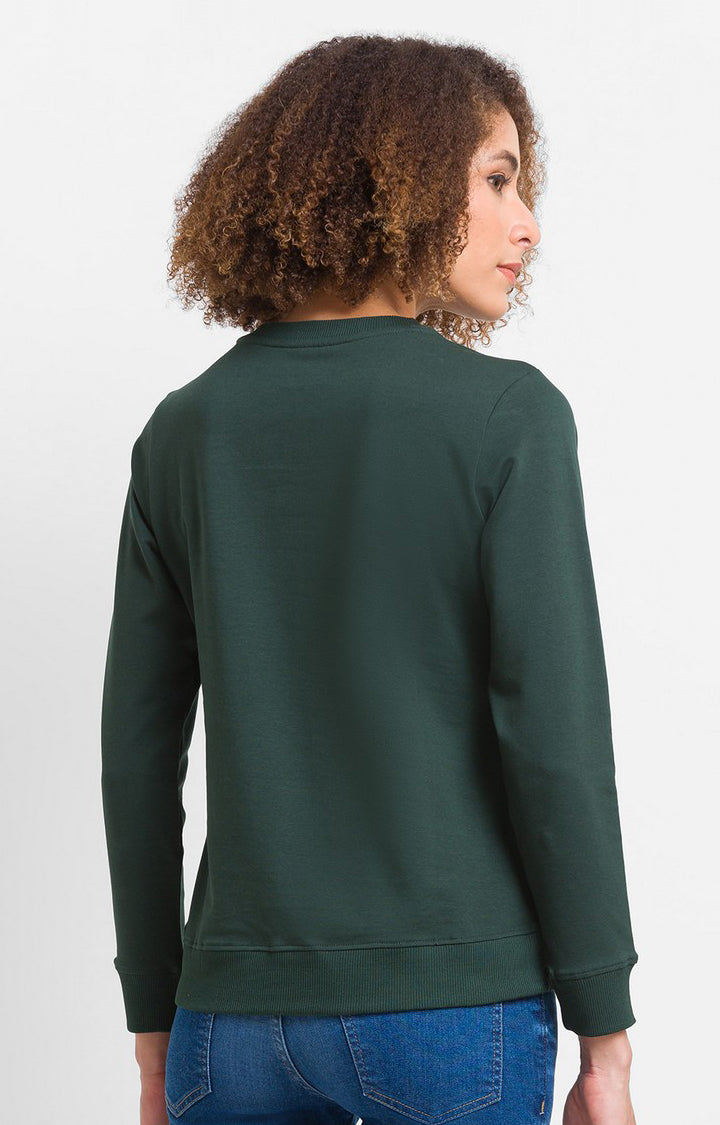 Spykar Bottle Green Blend Full Sleeve Round Neck Sweatshirts For Women