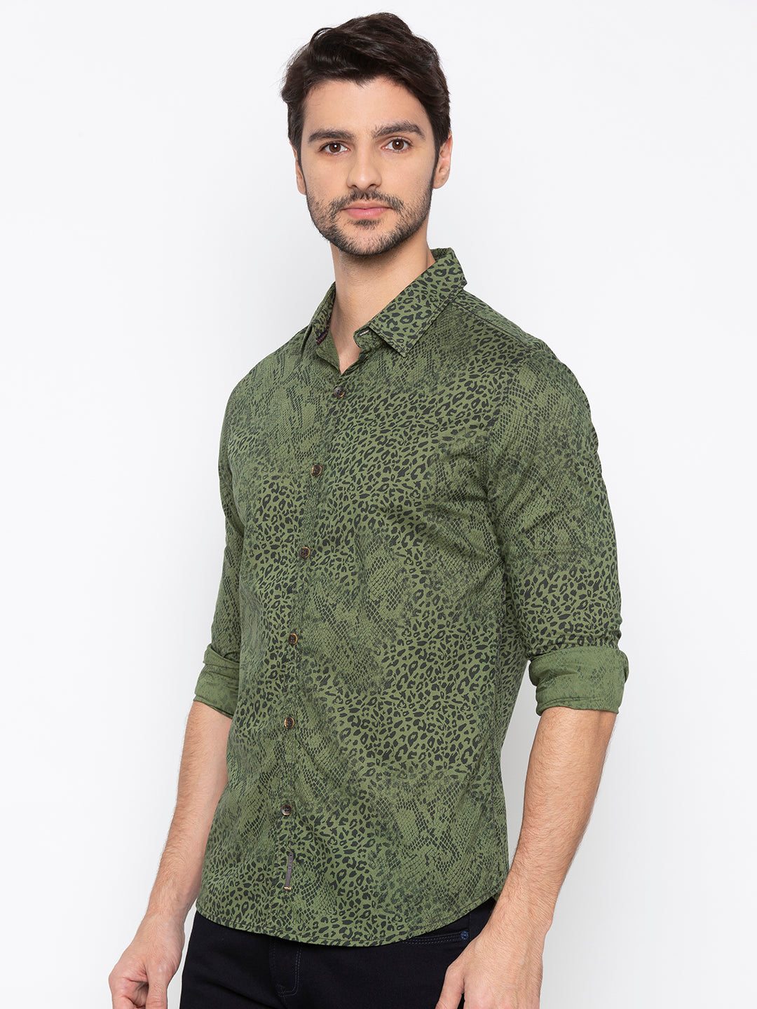 Spykar Men Olive Printed Slim Fit Casual Shirt