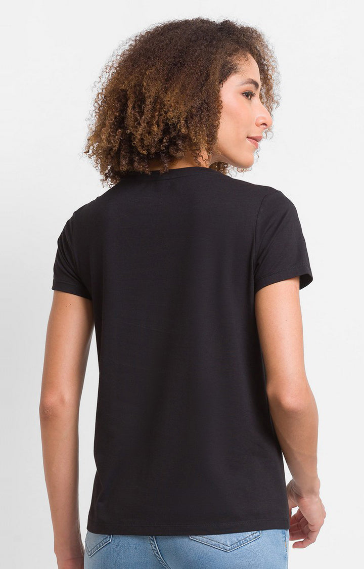 Spykar Black Cotton Blend Full Sleeve Plain Casual T-Shirts For Women