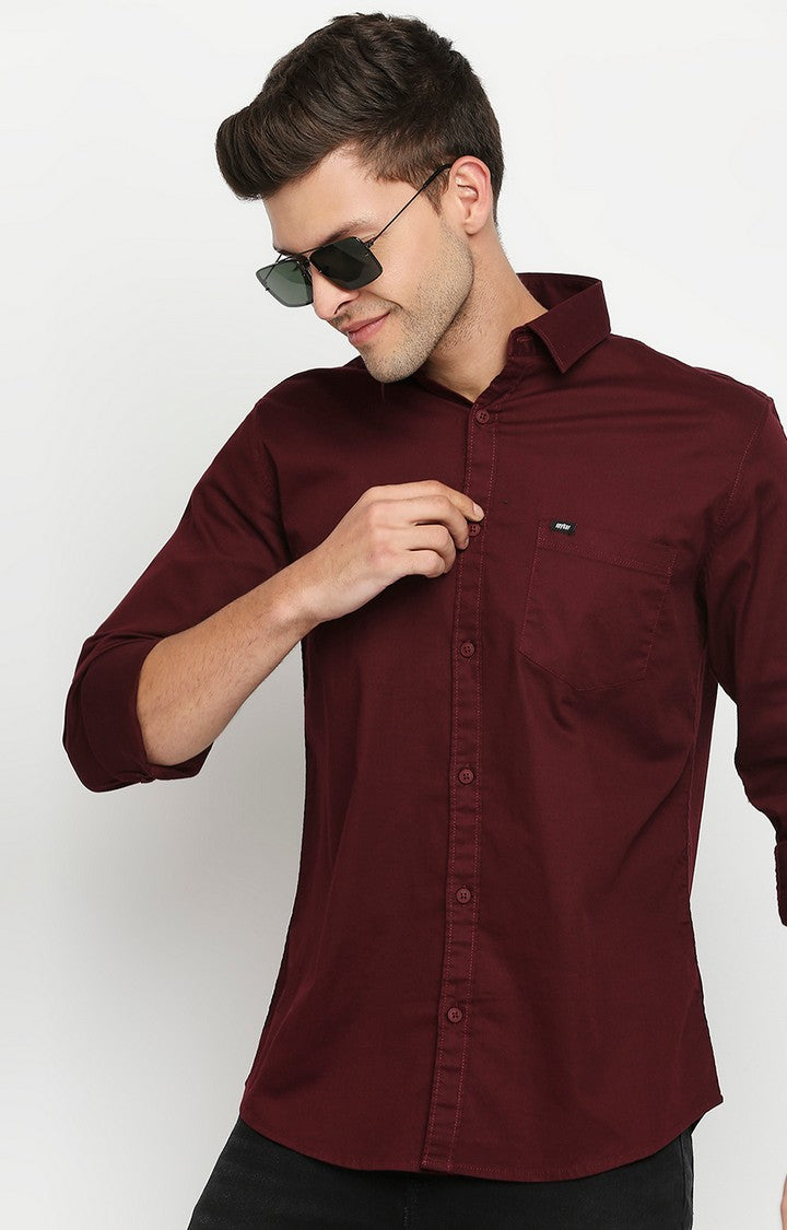 Spykar Wine Red Cotton Full Sleeve Plain Shirt For Men