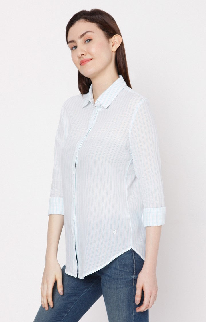 Spykar Women Sky Blue Cotton Regular Fit Striped Shirt